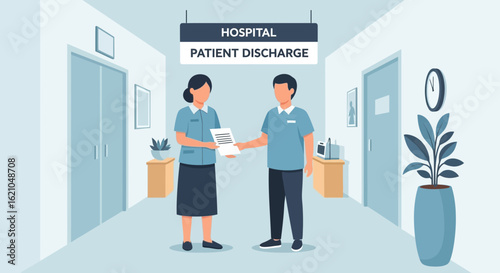 Hospital Discharge Process Featuring Nurse Handing Documents To Recovering Patient