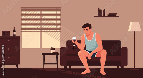 Vector illustration depicting a despondent man contemplating with wine at home