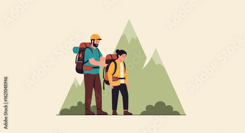 Vector illustration of a couple hiking in the mountains, perfect for adventure travel promotions, marketing, and outdoor lifestyle projects