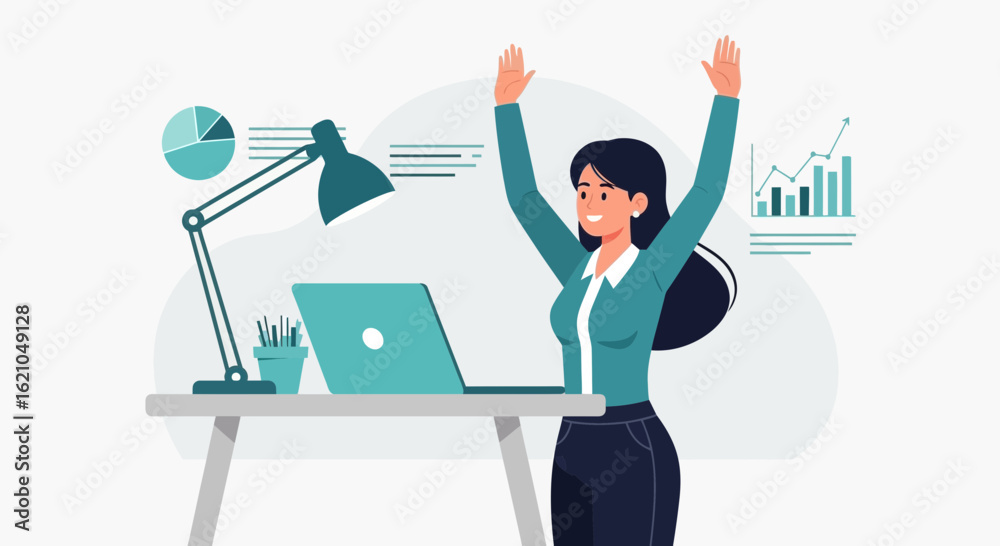 Successful businesswoman celebrating achievement with arms raised in office setting Successful businesswoman celebrating achievement with arms raised in office setting