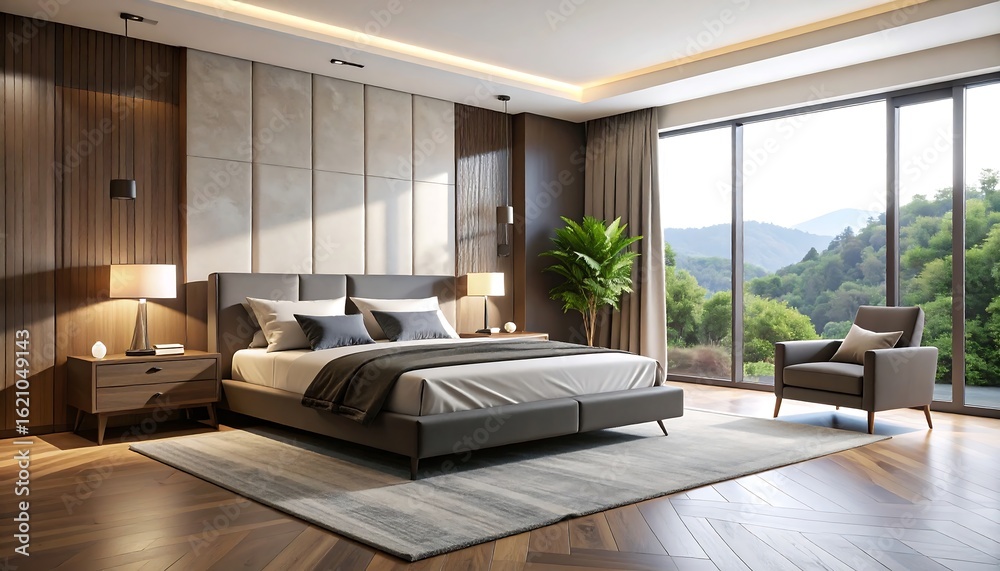 Fototapeta premium Modern bedroom with mountain view (4)