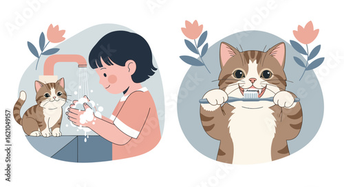 Hygiene Practices: Girl Washing Hands And Cat Brushing Teeth Together