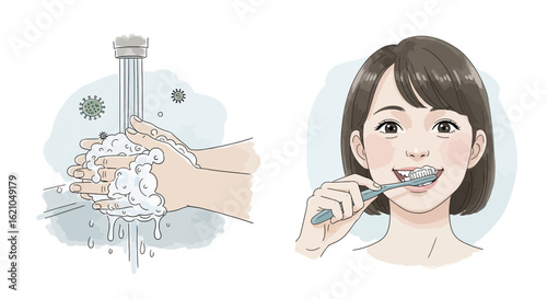 Hygiene Illustration With Hand Washing And Brushing Teeth To Maintain Health