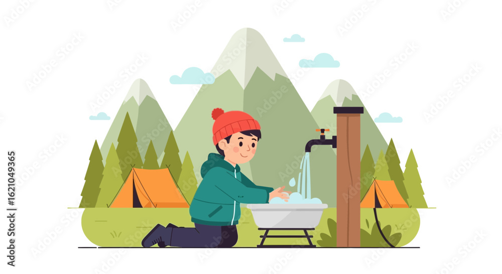 Fototapeta premium Hygienic Practices At Campsite With Washing Hands, Mountain Landscape