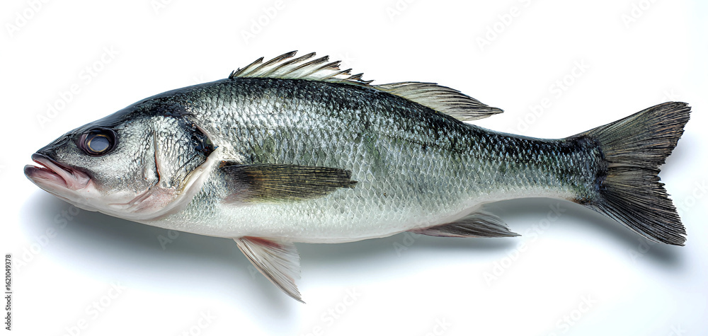 Obraz premium A fresh sea bass is isolated on white background, ready to be cooked