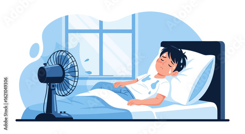 Suffering From Heat Young Man Sweating In Bed With Fan Blowing Air