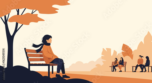 Vector illustration of people in a park during autumn with soft natural colors and tranquil atmosphere