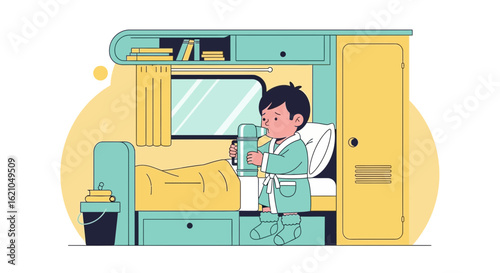 Ill Child Sipping Liquid From Thermos In Train Cabin With Cold Symptoms