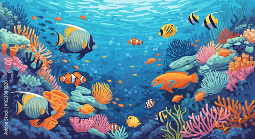 Vibrant Coral Reef Scene With Tropical Fish And Colorful Marine Life