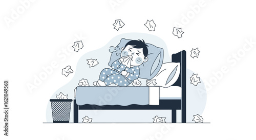 Ill Little Boy In Bed With Flu Symptoms Needs Medical Attention