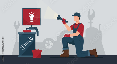 Illustrated mechanic inspecting a computer screen displaying a lightbulb icon inside a workshop