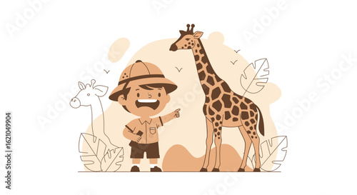 Illustrated safari adventure featuring a boy in pith helmet and a giraffe animal wildlife