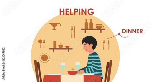 Illustration depicting a boy helping with dinner preparations and family mealtime