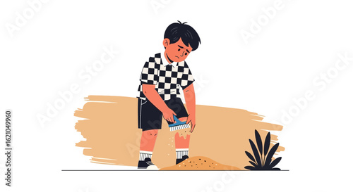 Illustration depicting a boy with injured knee cleaning wound on a beach with brush