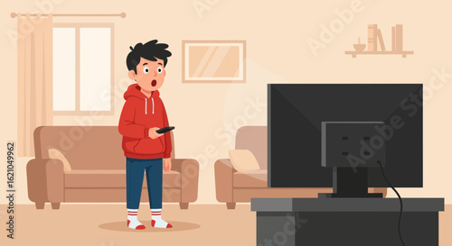 Surprised boy watching television in living room, holding remote control expressing shock or surprise at what is shown on the screen