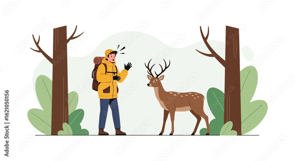 Fototapeta premium Surprised hiker encountering a deer in the forest with trees and greenery adding to the scenic encounter illustration