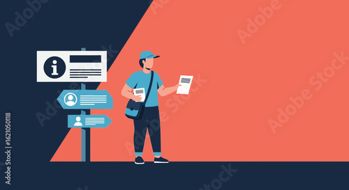 Illustration depicting a delivery worker with information signs and a color block background delivering a message