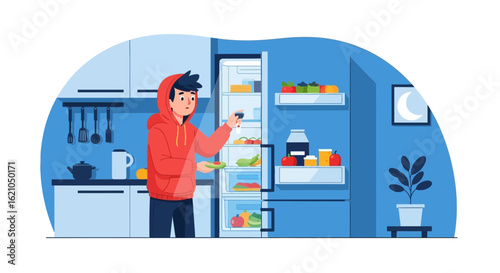 Illustration depicting a man raiding a refrigerator with food and drink inside during late hours