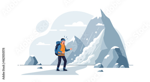 Surprised hiker facing sudden avalanche danger in the mountains landscape adventure risk concept illustration and dangerous terrain