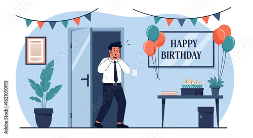 Surprised man entering a surprise birthday party with festive decorations and cake celebration surprise surprise birthday surprise