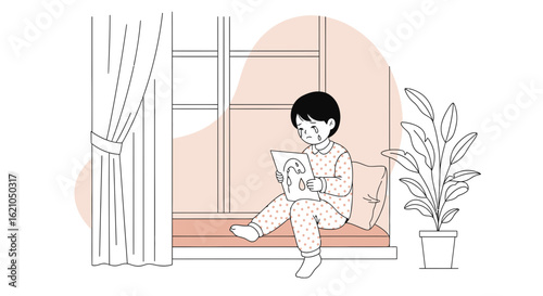 Illustration depicting a sad child sitting by the window looking at a drawing