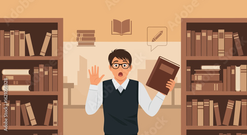 Surprised student with a book in a library setting representing knowledge discovery and learning adventure