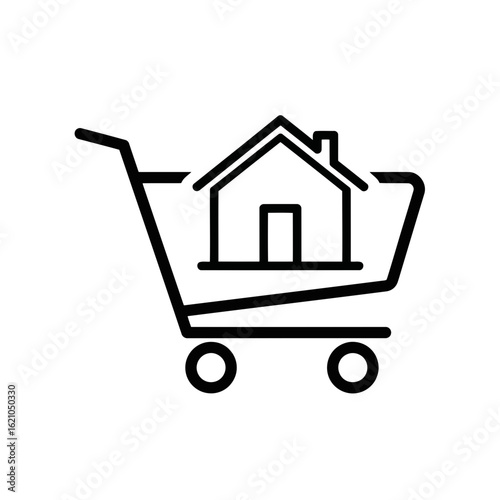 Vector icon of shopping cart with a house inside, representing buying a home or real estate purchase, isolated on white background