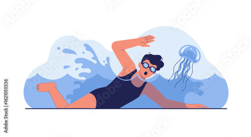 Surprised Swimmer Encountering Jellyfish While Swimming In Open Water