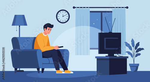 Illustration Depicting a Sad Man Watching Television Late at Night in a Dark Room