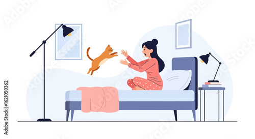 Surprised Woman Awakened By Her Jumping Cat In Bed In The Morning