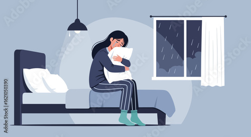 Illustration depicting a sad woman embracing a pillow while sitting on a bed in a dark room with rain outside her window
