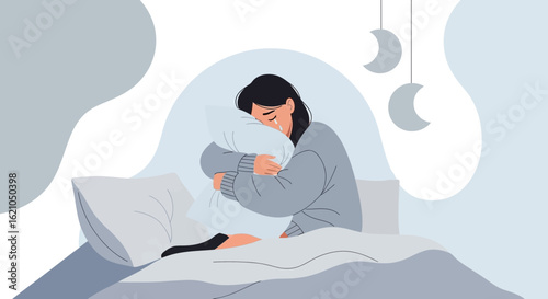 Illustration depicting a sad woman in bed, hugging a pillow and crying due to emotional distress and sadness
