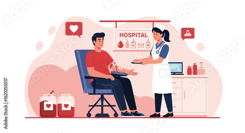 Volunteer Donor Giving Blood In Hospital With Nurse Assistance Illustration