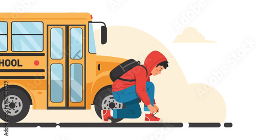 Illustration depicting a student tying shoelaces near a school bus stop scene vector