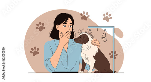 Surprised Woman With Her Dog After Grooming Salon Funny Haircut