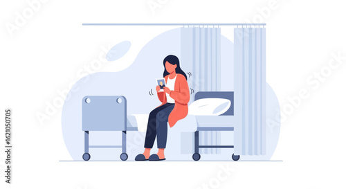 Illustration depicting a woman using her cellphone in a hospital room setting with a concerned expression on her face
