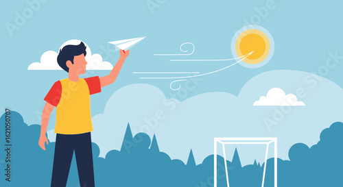 Illustration depicting a young man launching a paper airplane into a sunny sky filled with clouds and wind lines