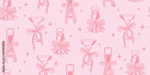 Seamless pattern with wine glasses and festive bows in pink hand drawn style