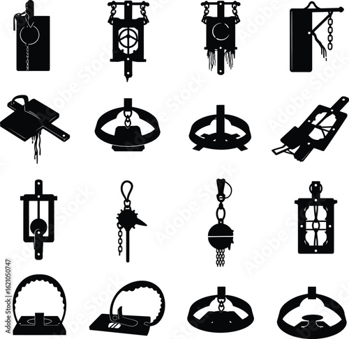 Title: Vector Illustration and Silhouette Set of Traps and Snares. Various Ancient and Primitive Hunting Devices, Isolated on a White Background for Survival and Nature Design.