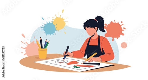 Illustration depicting a young female artist drawing with colored pencils art creation in her studio surrounded by art supplies and paint splashes