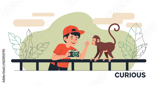 Illustration depicting a young photographer and a curious monkey at the zoo engaging with nature