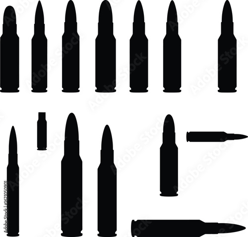 Vector Illustration and Silhouette Set of Bullets and Ammunition. Various Sizes and Types of Cartridges for Firearms and Weapons, Isolated on White Background.