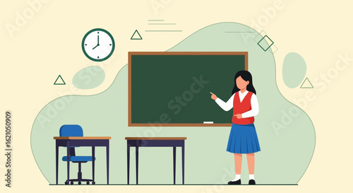 Teacher Explaining Lesson at Chalkboard in Classroom Flat Vector Illustration