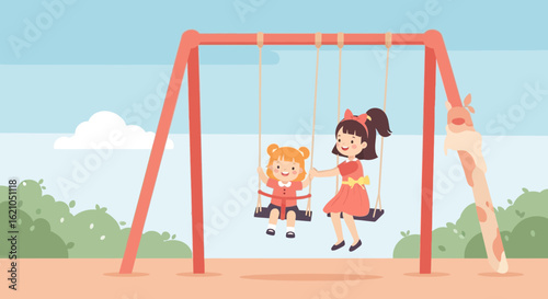 Illustration depicting two cheerful girls enjoying a sunny day on the swings at the playground