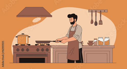 Illustration of a bearded man cooking in the kitchen with kitchenware and food ingredients ready