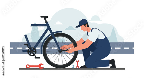 Illustration of a bicycle mechanic repairing a bike with tools on the road with mountains background