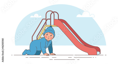 Illustration of a baby crawling towards a slide in a playground setting depicting childhood development and exploration