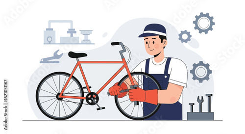 Illustration of a bicycle mechanic repairing a bike in a workshop setting with tools