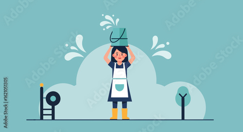 Watering Fun A Girl With Bucket In Garden Simple Flat Illustration
