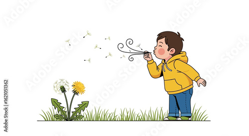 Illustration of a boy blowing on a dandelion in a meadow, embodying childhood innocence and joy and carefree summer days